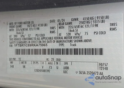 2024 Ford Transit-250 z USA, uszkodzony, nr VIN 1FTBR1C89RKA75965